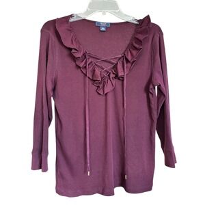 CHAPS Denim Burgundy Ribbed Long Sleeve Ruffle Lace Up Ribbed Top Women L